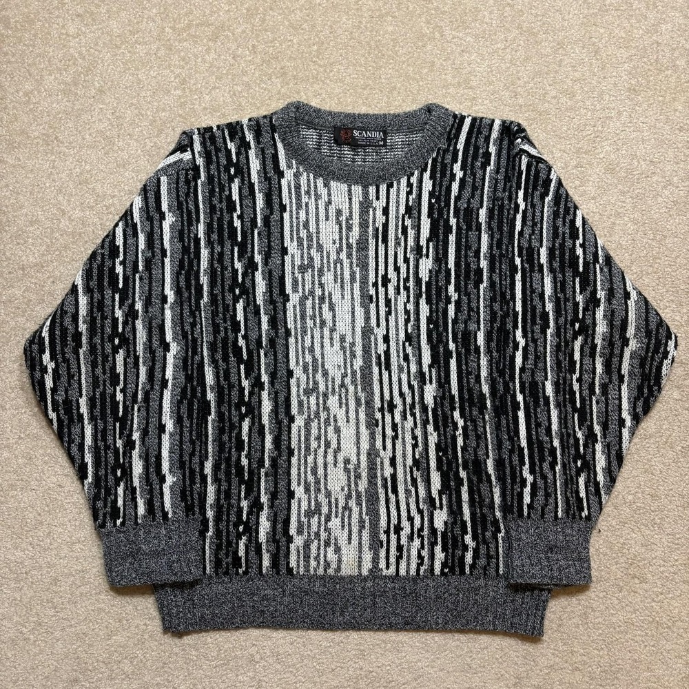 Vtg‎ Scandia Sweater Mens Medium Gray Abstract Geometric Knit Crewneck USA 80s
